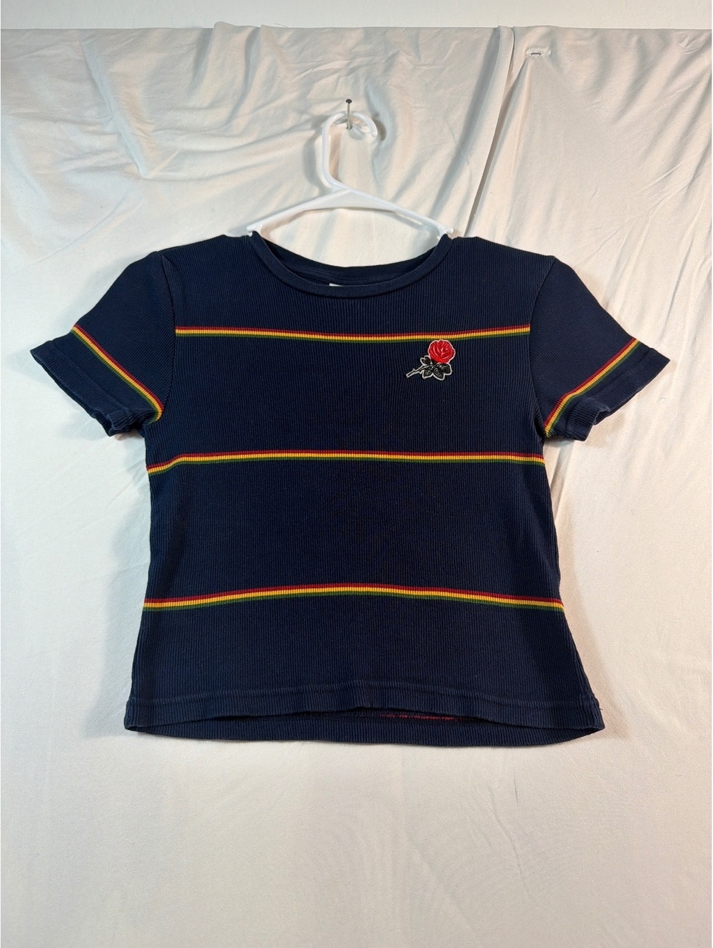Mighty Fine Navy Blue Ribbed T-Shirt with Rainbow Stripes and Rose Patch